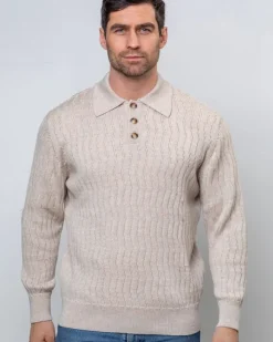 Hot Sweater Shop Extra Fine Merino Wool Button Neck Sweater - Beige