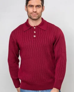Clearance Sweater Shop Extra Fine Merino Wool Button Neck Sweater - Berry