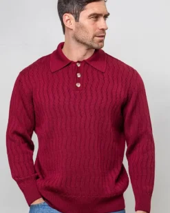 Clearance Sweater Shop Extra Fine Merino Wool Button Neck Sweater - Berry
