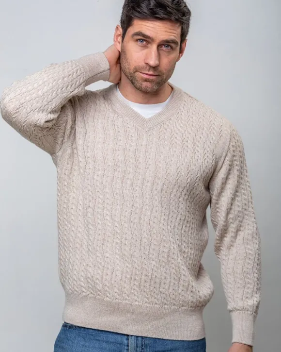 Hot Sweater Shop Extra Fine Merino Wool V Neck Sweater Beige