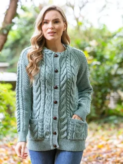 Discount Sweater Shop Fitted Irish Aran Lumbar Cardigan Aqua