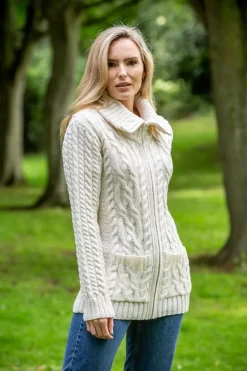 Fashion Sweater Shop Full Zip Fitted Aran Cardigan with large collar