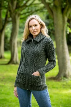 Sale Sweater Shop Full Zip Fitted Aran Cardigan Army green