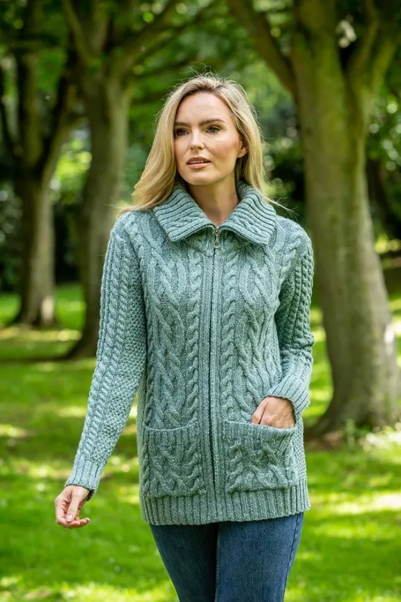 Best Sweater Shop Full Zip Fitted Aran Cardigan Aqua