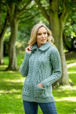 Best Sweater Shop Full Zip Fitted Aran Cardigan Aqua