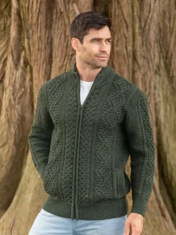 Fashion Sweater Shop Full Zip Mens Aran Cardigan - Army Green
