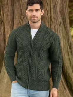 Fashion Sweater Shop Full Zip Mens Aran Cardigan - Army Green