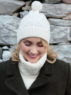 Hot Sweater Shop Hand Knit Aran Hat with bobble Natural