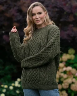 Hot Sweater Shop Handknit Green Aran Sweater Merino Wool
