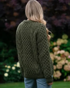 Hot Sweater Shop Handknit Green Aran Sweater Merino Wool