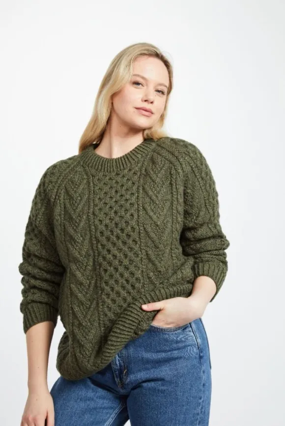 Hot Sweater Shop Handknit Green Aran Sweater Merino Wool