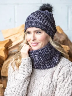 Fashion Sweater Shop Handmade in Ireland - Snood and Bobble Hat Set - Grey