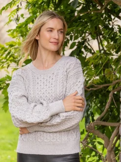 New Sweater Shop Honeysuckle Cropped Aran Sweater Silver Marl