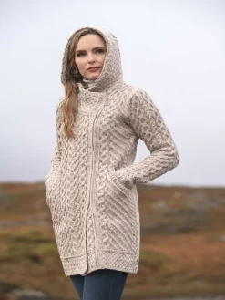 New Sweater Shop Hooded Merino Wool Coat with Zip Oatmeal
