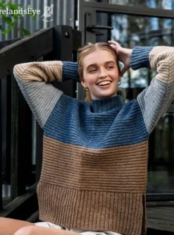 Clearance Sweater Shop IrelandsEye Knitwear Iris Contrast Panel Funnel Neck Sweater Seaspray Biscuit