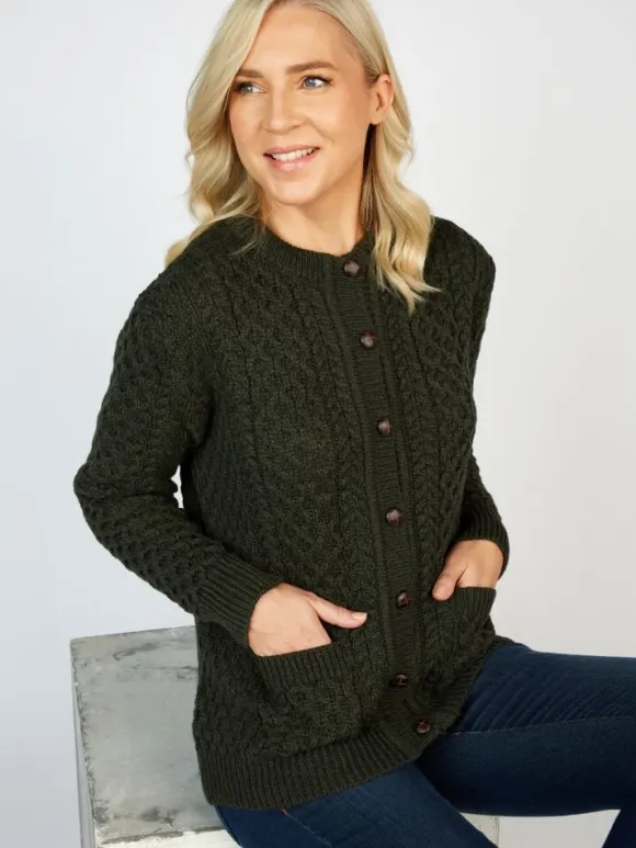 Hot Sweater Shop Irish Aran Cardigan Army Green