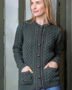 Hot Sweater Shop Irish Aran Cardigan Army Green