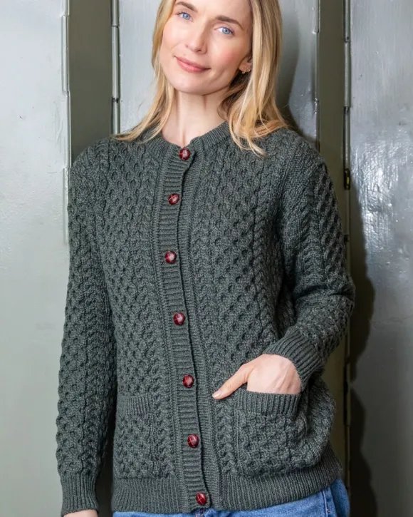 Hot Sweater Shop Irish Aran Cardigan Army Green