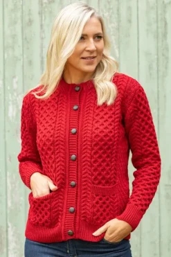 Sale Sweater Shop Irish Aran Cardigan Red