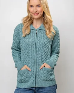 Discount Sweater Shop Irish Aran Cardigan with Zip - Aqua