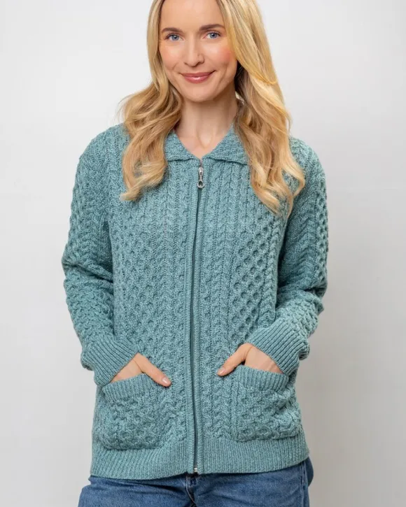 Discount Sweater Shop Irish Aran Cardigan with Zip - Aqua