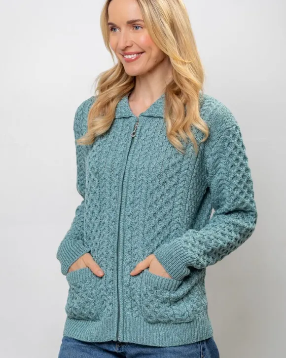 Discount Sweater Shop Irish Aran Cardigan with Zip - Aqua
