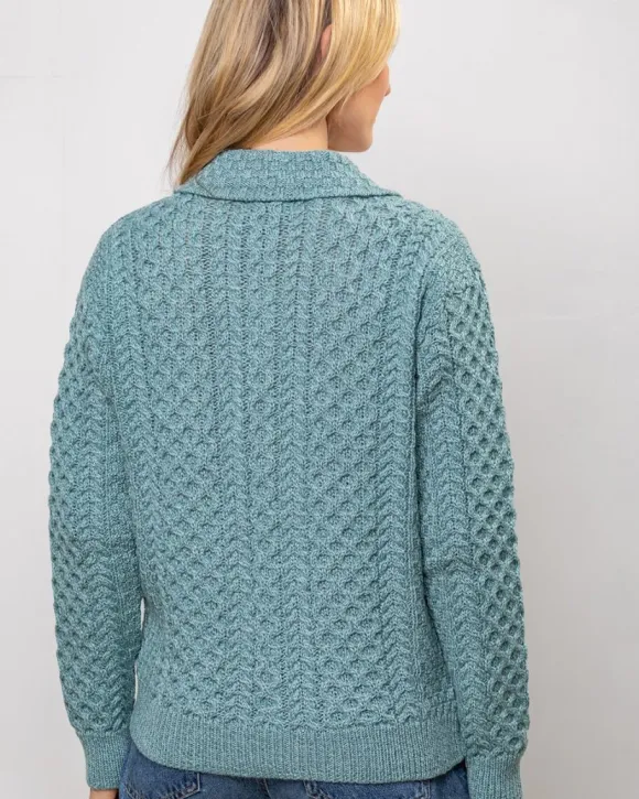 Discount Sweater Shop Irish Aran Cardigan with Zip - Aqua