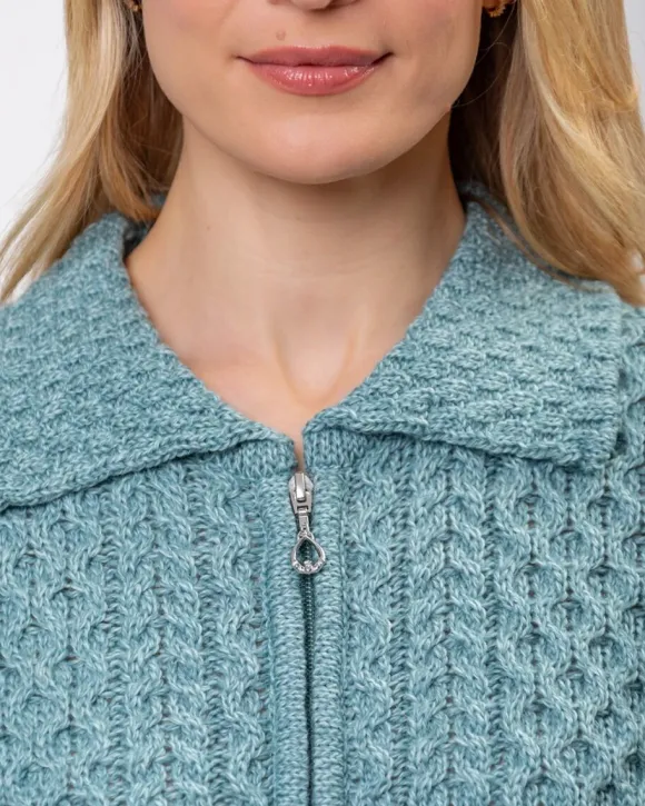 Discount Sweater Shop Irish Aran Cardigan with Zip - Aqua
