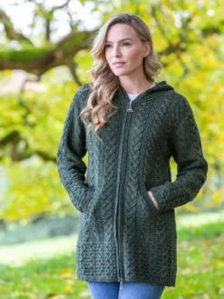 Discount Sweater Shop Irish Aran Hooded Coat Army Green