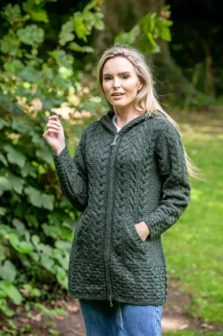 Discount Sweater Shop Irish Aran Hooded Coat Army Green