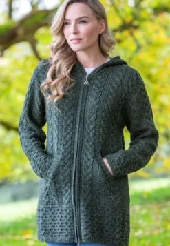 Discount Sweater Shop Irish Aran Hooded Coat Army Green