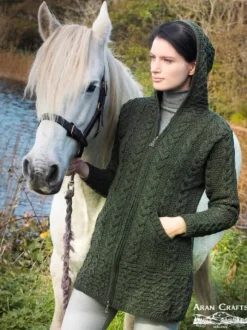 Discount Sweater Shop Irish Aran Hooded Coat Army Green