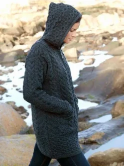New Sweater Shop Irish Aran Hooded Coat Charcoal