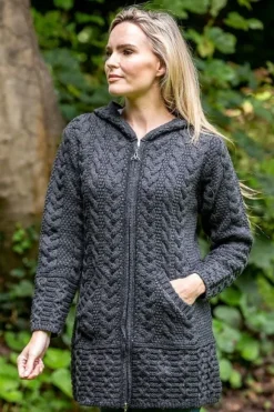 New Sweater Shop Irish Aran Hooded Coat Charcoal