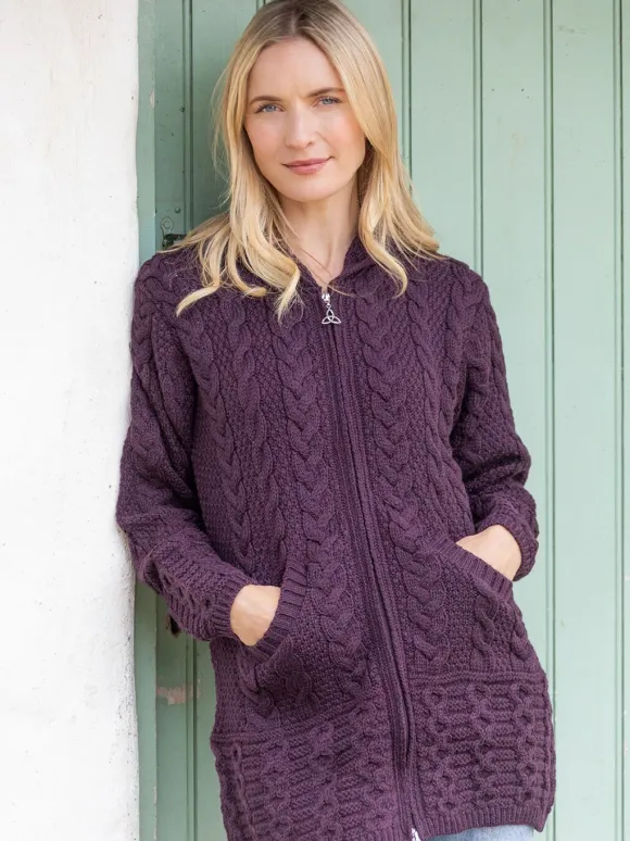 Hot Sweater Shop Irish Aran Hooded Coat Damson