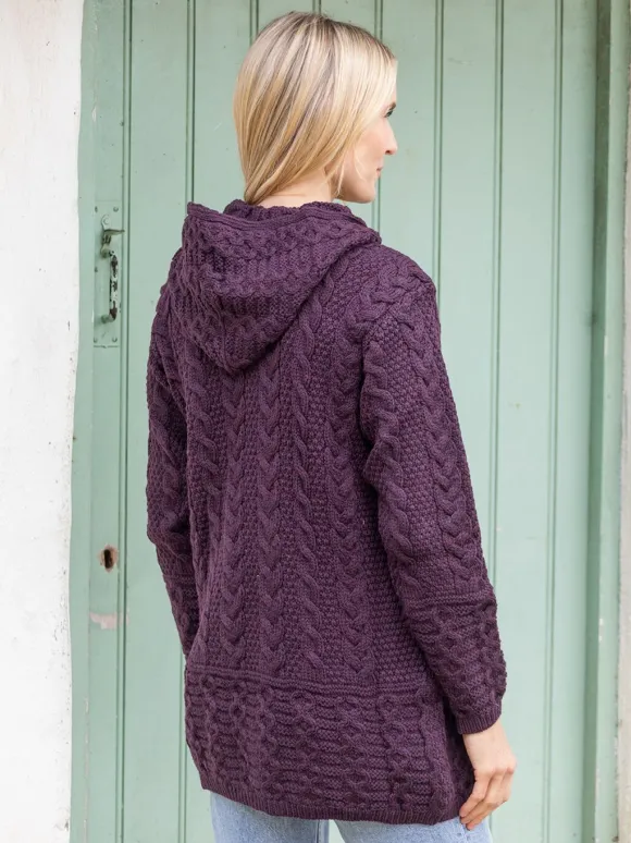 Hot Sweater Shop Irish Aran Hooded Coat Damson