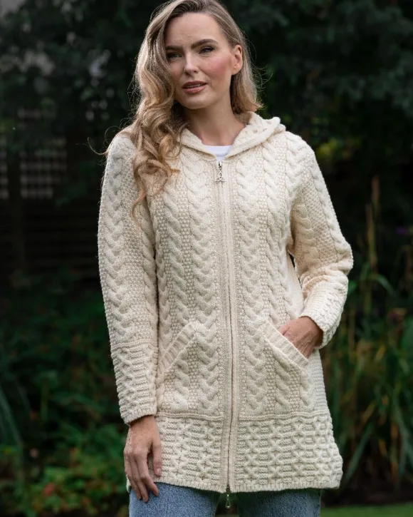 Outlet Sweater Shop Irish Aran Hooded Coat Natural