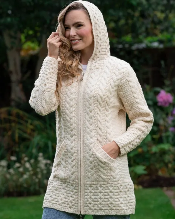 Outlet Sweater Shop Irish Aran Hooded Coat Natural