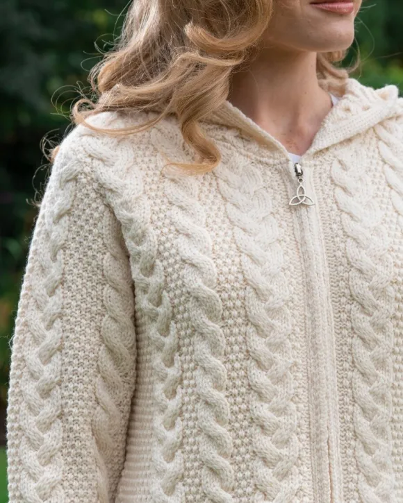 Outlet Sweater Shop Irish Aran Hooded Coat Natural