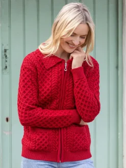 Sale Sweater Shop Irish Aran Zip Cardigan with Collar - Red