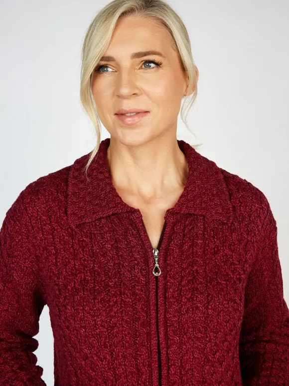 Online Sweater Shop Irish Aran Zip with Collar Raspberry