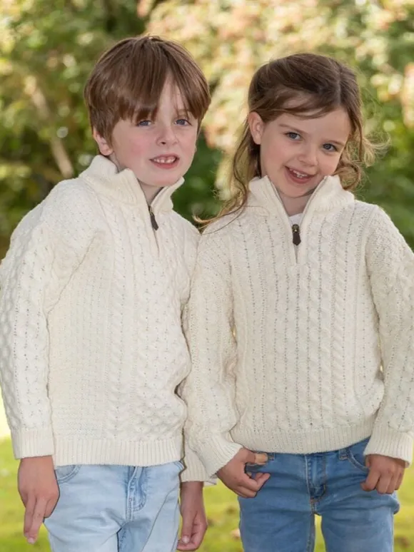 Fashion Sweater Shop Kids Aran Half Zip Sweater Natural
