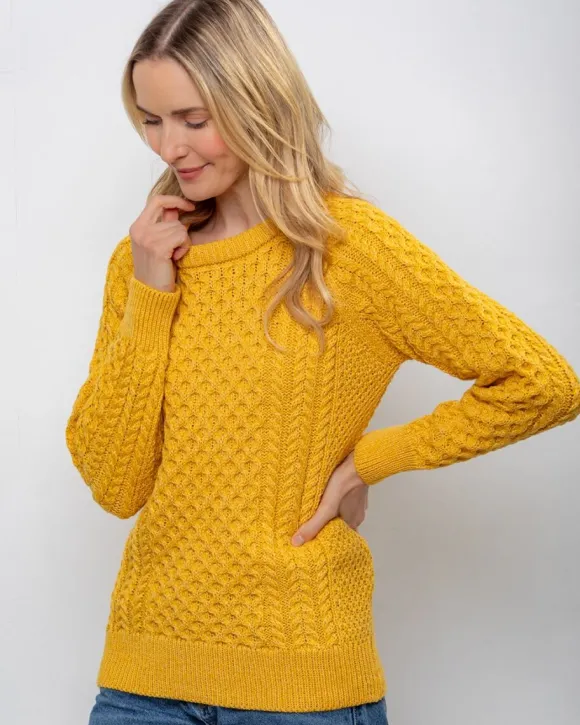 Clearance Sweater Shop Ladies 100% Merino Wool Aran Sweater Sunshine