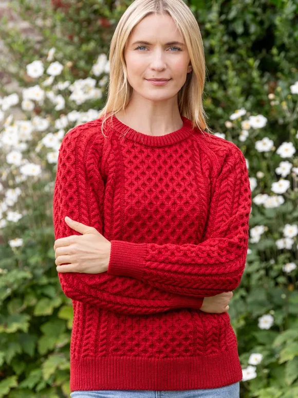 Outlet Sweater Shop Ladies 100% Merino Wool Aran Sweater Red