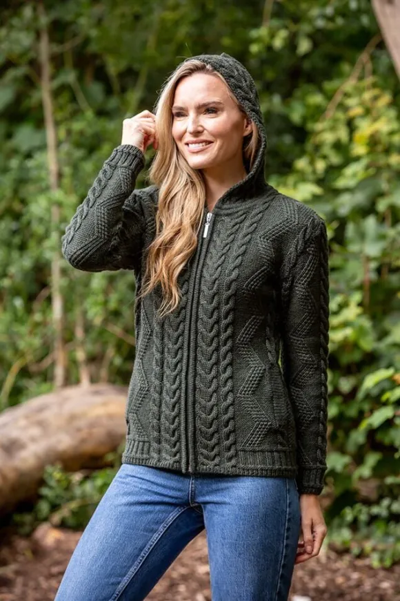 Best Sweater Shop Ladies Aran Hooded Cardigan With Cladagh Zip