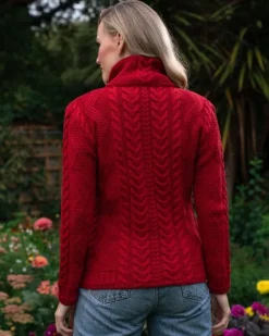 Best Sweater Shop Ladies Aran Turtleneck Zip Cardigan Red