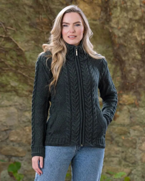 Discount Sweater Shop Ladies Aran Turtleneck Zip Cardigan - Army Green