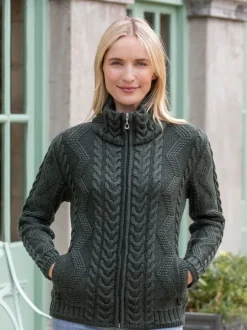 Discount Sweater Shop Ladies Aran Turtleneck Zip Cardigan - Army Green