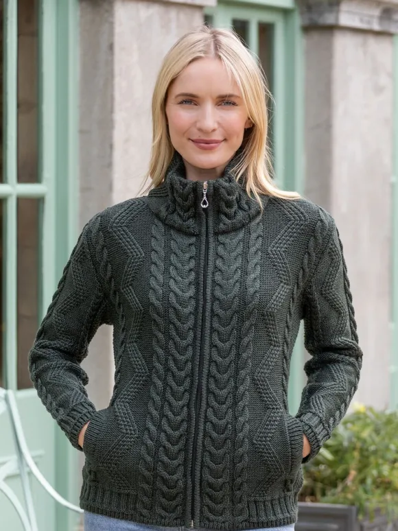 Discount Sweater Shop Ladies Aran Turtleneck Zip Cardigan - Army Green