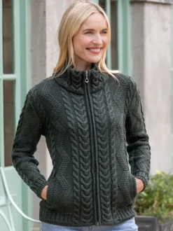 Discount Sweater Shop Ladies Aran Turtleneck Zip Cardigan - Army Green